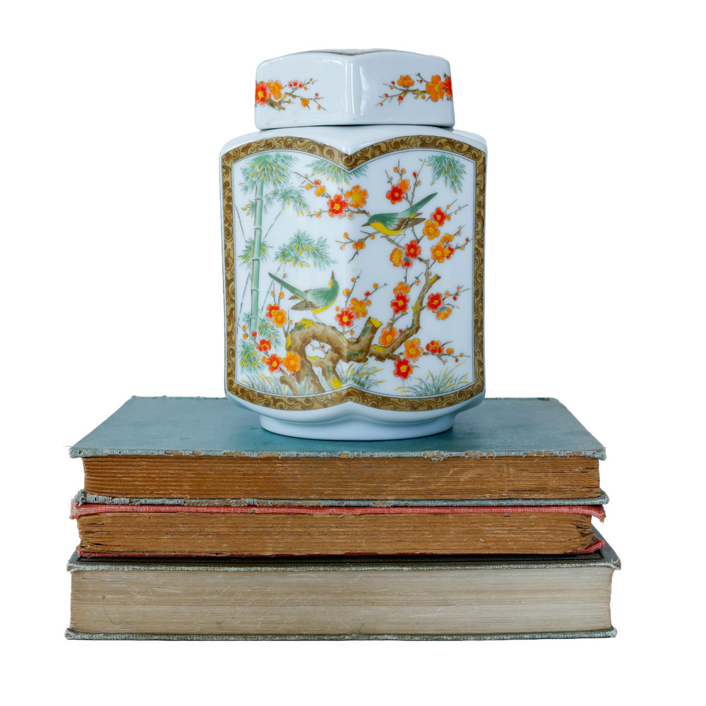 VTG Japan Sakura Bird Hexagon Lidded Tea Ginger Jar Chinoiserie Grandma Cottage